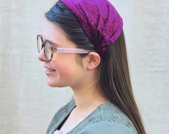 Headband Style Headcovering - Plum Panne Velvet - Easy-On/No Tie Cover - No-Slip Head Covering - Soft Headband