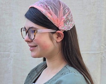 Headband Style Headcovering - Pink Floral Tulle - Easy-On/No Tie Cover - No-Slip Head Covering - Soft Headband