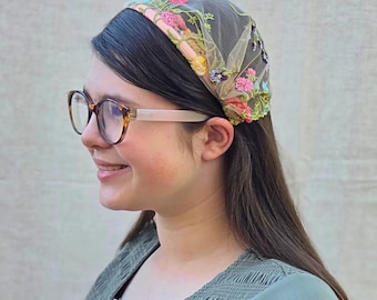 Headband Style Headcovering - Yellow Floral Tulle - Easy-On/No Tie Cover - No-Slip Head Covering - Soft Headband