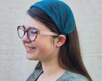 Headband Style Headcovering - Teal Lace - Easy-On/No Tie Cover - No-Slip Head Covering - Soft Headband