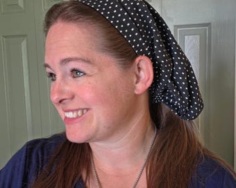 12" Pleated Tie Back Headcovering - Black and White - Modest Pleated Headscarf - Adjustable Tie-Back - Optional Sewn-In Clip