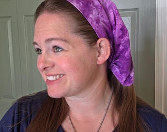 12" Pleated Tie Back Headcovering - Purple Print - Modest Pleated Headscarf - Adjustable Tie-Back - Optional Sewn-In Clip