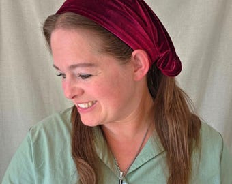 Clasp Closure Pleated Headcovering - Burgundy Stretch Velvet - Christian Lace Head Covering - Easy-On - Stay Clip