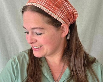 Tie Back Pleated Headcovering - Orange Plaid Cotton - Modest Pleated Headscarf - Adjustable - Sewn-In Stay Clip