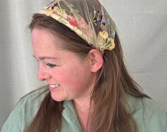 Headband Style Headcovering - Embroidered Floral Tulle - Christian Ladies Covering - Easy-On/No Tie Cover - No-Slip - Soft Headband