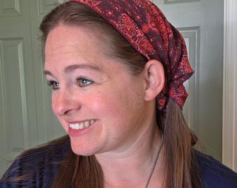 12" Pleated Tie Back Headcovering - Brown with Orange Accents - Modest Pleated Headscarf - Adjustable Tie-Back - Optional Sewn-In Clip