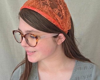 Headband Style Headcovering - Orange Scalloped Lace - Christian Ladies Covering - Easy-On/No Tie Cover - No-Slip Head Cover -Soft Headband