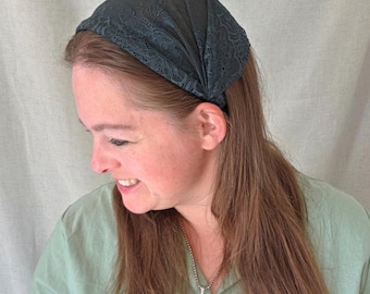 Headband Style Headcovering - Forest Green Floral Lace - Christian Ladies Covering - Easy-On/No Tie Cover - No-Slip Head Cover - Headband