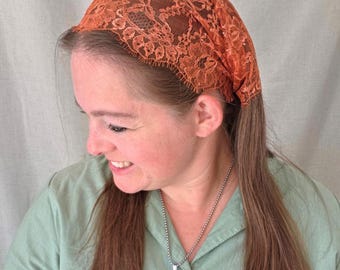 Tie Back Pleated Headcovering - Orange Lace with Scallop Edge - Modest Pleated Headscarf - Adjustable - Sewn-In Stay Clip