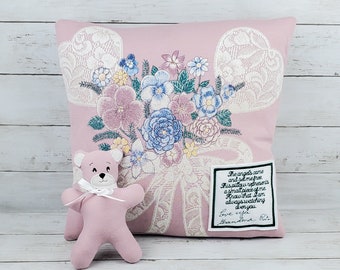 Custom Memory Pillow and Matching Mini Bear - Pillow and 8" Bear from Loved Ones Clothing - Rememberance Pillow