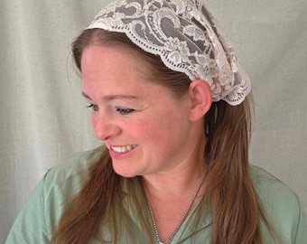 Tie Back Pleated Headcovering - Pale Peach Lace - Modest Pleated Headscarf - Adjustable - Sewn-In Stay Clip