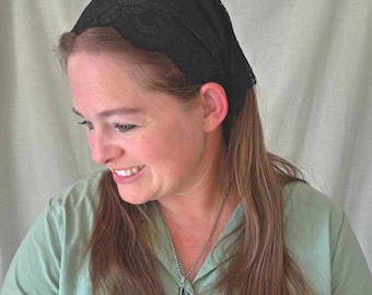Clasp Closure Pleated Headcovering - Black Stretch Lace - Christian Lace Head Covering - Easy-On - Stay Clip