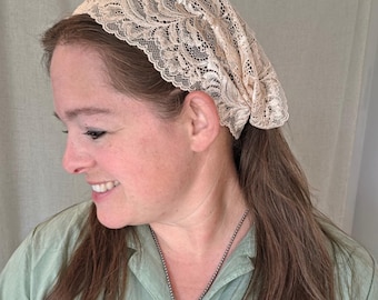 Clasp Closure Pleated Headcovering - Champagne Stretch Lace - Christian Lace Head Covering - Easy-On - Stay Clip