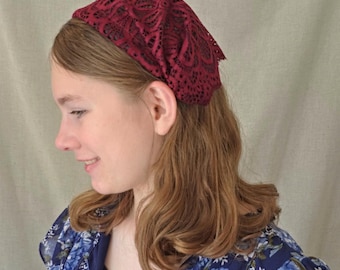 Headband Style Headcovering - Burgundy Scalloped Lace - Christian Ladies Covering - Easy-On/No Tie Cover - No-Slip Head Cover -Soft Headband