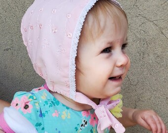 Baby Bonnet - Pink Eyelet Fabric - Handmade Tie On Cap - Classic Infant Hat - Baby Shower Gift