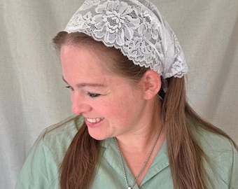 Tie Back Pleated Headcovering - White Scallop Edge Lace - Modest Pleated Headscarf - Adjustable - Sewn-In Stay Clip