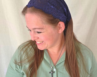 Clasp Closure Pleated Headcovering - Navy Blue Stretch Lace - Christian Lace Head Covering - Easy-On - Stay Clip