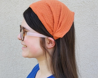Headband Style Headcovering - Orange Gauze Fabric - Easy-On/No Tie Cover - No-Slip Head Covering - Soft Headband