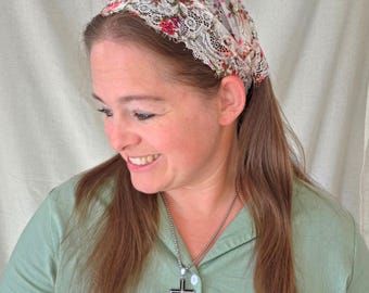 Tie Back Pleated Headcovering - Delicate Floral Lace with Scallop Edge - Modest Pleated Headscarf - Adjustable - Sewn-In Stay Clip