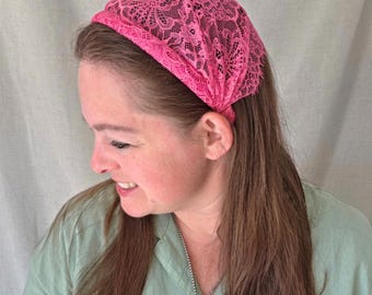Headband Style Headcovering - Fushia Scalloped Lace - Christian Ladies Covering - Easy-On/No Tie Cover - No-Slip Head Cover -Soft Headband