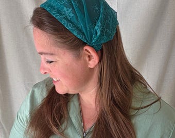 Headband Style Headcovering - Teal Emerald Tulle Lace - Christian Ladies Covering - Easy-On/No Tie Cover - No-Slip Head Cover - Headband