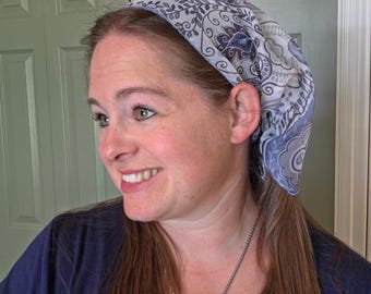 12" Pleated Tie Back Headcovering - White and Blue Sheer - Modest Pleated Headscarf - Adjustable Tie-Back - Optional Sewn-In Clip