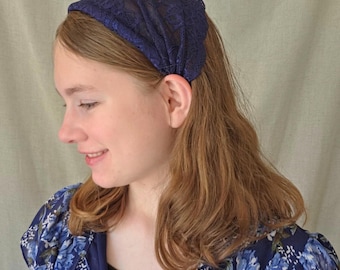 Headband Style Headcovering - Navy Scalloped Lace - Christian Ladies Covering - Easy-On/No Tie Cover - No-Slip Head Covering -Soft Headband