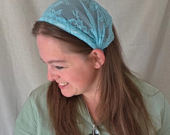 Headband Style Headcovering - Sky Blue Scalloped Lace - Christian Ladies Covering - Easy-On/No Tie Cover - No-Slip Head Cover -Soft Headband