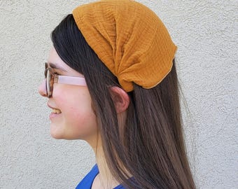 Headband Style Headcovering - Autumn Gold Gauze Fabric - Easy-On/No Tie Cover - No-Slip Head Covering - Soft Headband