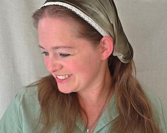 Tie Back Pleated Headcovering - Olive Green Stretch Velvet - Modest Pleated Headscarf - Adjustable - Sewn-In Stay Clip