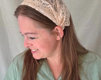 Headband Style Headcovering - Champagne Scalloped Lace - Christian Ladies Covering - Easy-On/No Tie Cover - No-Slip Head Cover - Headband