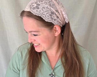 Clasp Closure Pleated Headcovering - Light Peach Stretch Lace - Christian Lace Head Covering - Easy-On - Stay Clip