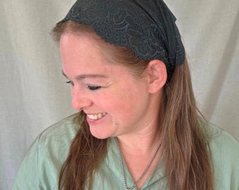 Clasp Closure Pleated Headcovering - Forest Green Stretch Lace - Christian Lace Head Covering - Easy-On - Stay Clip