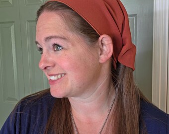 12" Pleated Tie Back Headcovering - Burnt Orange - Modest Pleated Headscarf - Adjustable Tie-Back - Optional Sewn-In Clip