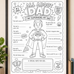 Könnte beinhalten: Ein schwarz-weißes, ausdruckbares Aktivitätsblatt mit dem Titel ALL ABOUT DAD, das eine zentrale Superhelden-Illustration, Lückentexte und dekorative Elemente wie Sterne, Herzen, einen Pokal und ein Pizzastück in einem schwarzen Rahmen zeigt.