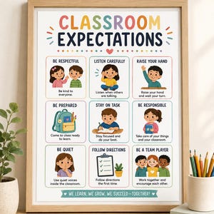 May include: A framed classroom expectations poster with a light wood frame. The poster features nine illustrated rules with text including Be Respectful, Listen Carefully, Raise Your Hand, Be Prepared, Stay On Task, Be Responsible, Be Quiet, Follow Directions, and Be A Team Player.