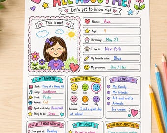 All About Me Questionnaire Worksheet, Back to School Printable, First Day of School Get to Know Me Activity, Kids Classroom Instant Download