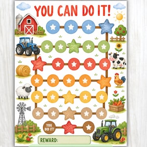 May include: Watercolor reward chart with the text "YOU CAN DO IT!" featuring farm animals, a tractor, and stars. The chart has spaces for rewards and the text "YOU DID IT!" and "REWARD:" at the bottom.