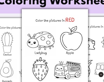 May include: Coloring worksheets featuring line drawings of a cactus, ladybug, apple, avocado, strawberry, fire truck, cheese, sun, and school bus. The text "Coloring Worksheets" is at the top. Instructions are included to color the pictures in red and yellow.