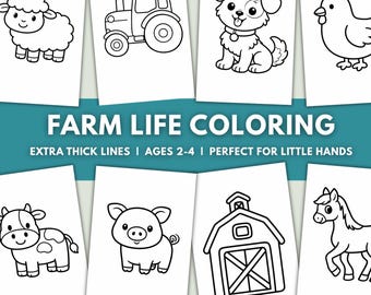 Libro para colorear de la vida en la granja / Animales para niños pequeños, tractor y granero (PDF tamaño carta y A4)