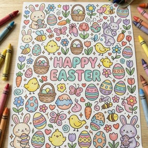 May include: An Easter-themed colouring page featuring the words "HAPPY EASTER" and illustrations of bunnies, eggs, chicks, flowers, butterflies, and baskets. Coloured crayons are scattered around the page, ready for use.
