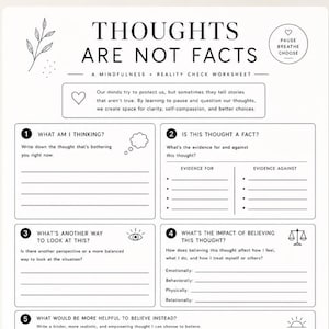 Könnte beinhalten: Ein schwarz-weißes, druckbares Arbeitsblatt mit dem Titel „THOUGHTS ARE NOT FACTS“ zum Thema Achtsamkeit und Realitätsprüfung. Es enthält florale Elemente und Aufforderungen, Gedanken zu hinterfragen und eine ermächtigende Perspektive zu wählen. Als PNG- und PDF-Download verfügbar.