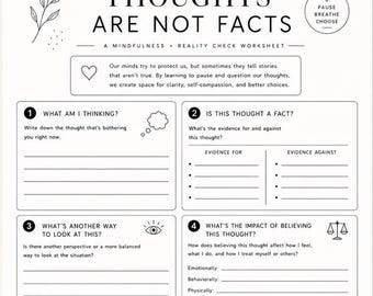 Thoughts Are Not Facts Worksheet Printable PDF PNG CBT Therapy Worksheet for Anxiety Overthinking Mental Health Journal Page Self Reflection