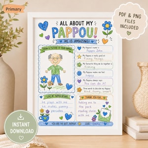 Puede incluir: Un póster imprimible enmarcado en blanco titulado All About My Pappou, que presenta una ilustración dibujada a mano de un abuelo, corazones, flores y estrellas coloridas. El documento incluye secciones para completar con texto escrito a mano en tinta azul.