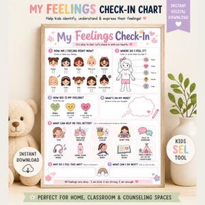 以下が含まれることがあります： 「My Feelings Check-In Chart」のフレーム入りで、「Instant Digital Download」の文字が入っています。このチャートは、子供たちが感情を特定し、表現するのに役立ちます。感情、体の感覚、対処法に関するセクションが含まれています。家庭、教室、カウンセリングスペース向けに設計されています。