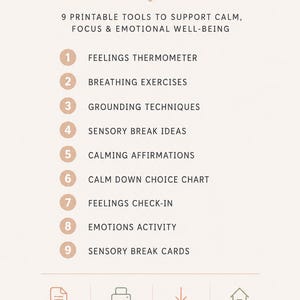 Minimalist what’s included Etsy listing image showing calm corner kit contents including feelings thermometer, breathing exercises, grounding techniques, emotions activity, and sensory break cards