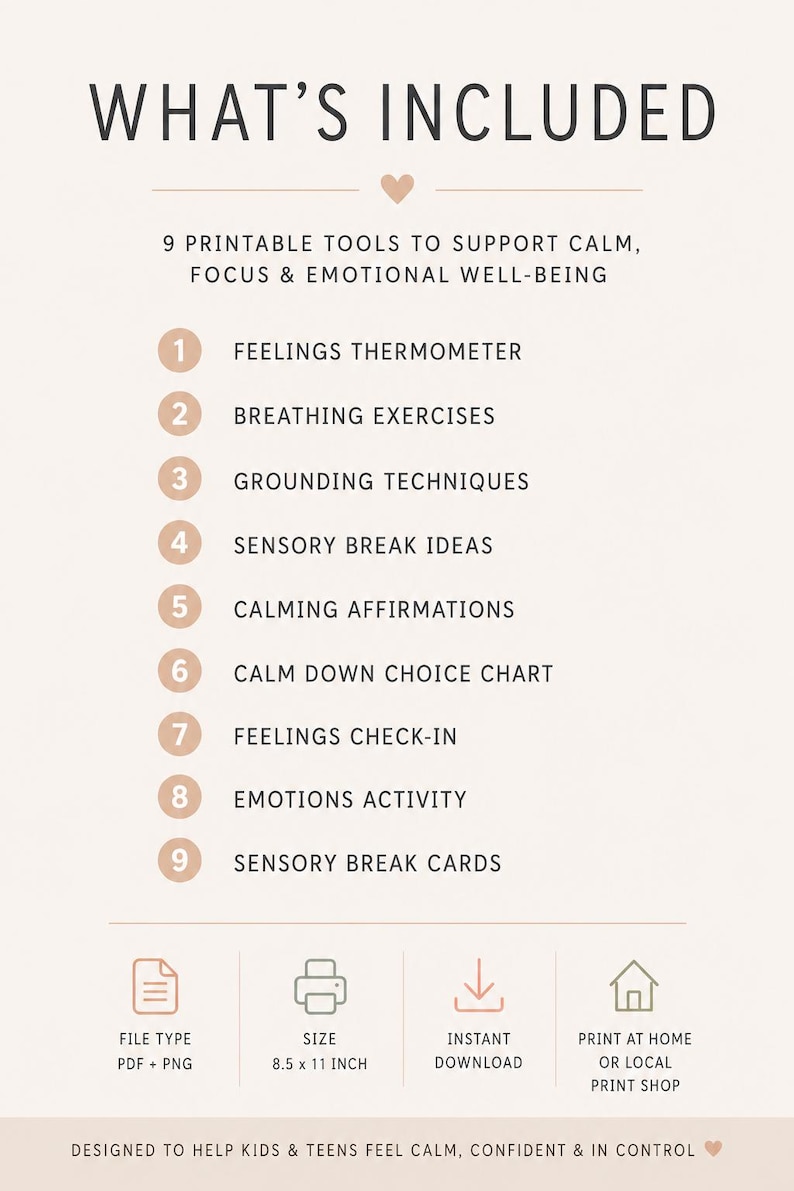 Minimalist what’s included Etsy listing image showing calm corner kit contents including feelings thermometer, breathing exercises, grounding techniques, emotions activity, and sensory break cards