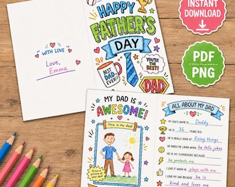 Father's Day Coloring Card Printable All About My Dad Card Kids Father's Day Activity DIY Father's Day Gift from Kids Instant Download PDF