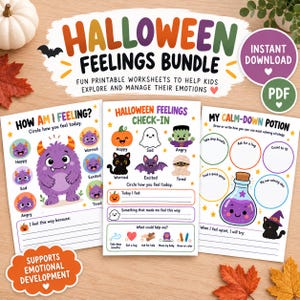 May include: A Halloween Feelings Bundle printable worksheet set featuring three pages with colorful illustrations of monsters, ghosts, and cats. The text includes titles like How Am I Feeling, Halloween Feelings Check-In, and My Calm-Down Potion.