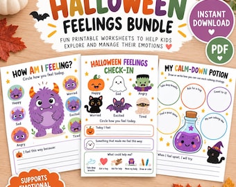 Halloween-gevoelens werkbladen voor kinderen, emotiecheck, kalmeringsactiviteiten, printbaar materiaal voor sociaal-emotioneel leren, therapie voor ADHD en autisme, PDF voor kleuters